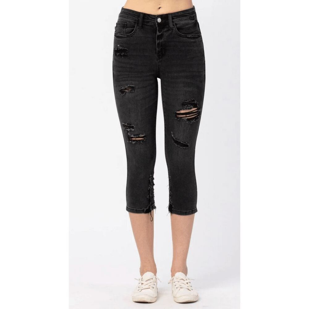 Judy Blue Black Distressed Capri Jeans High Waist Skinny Fit Size 5 (27)